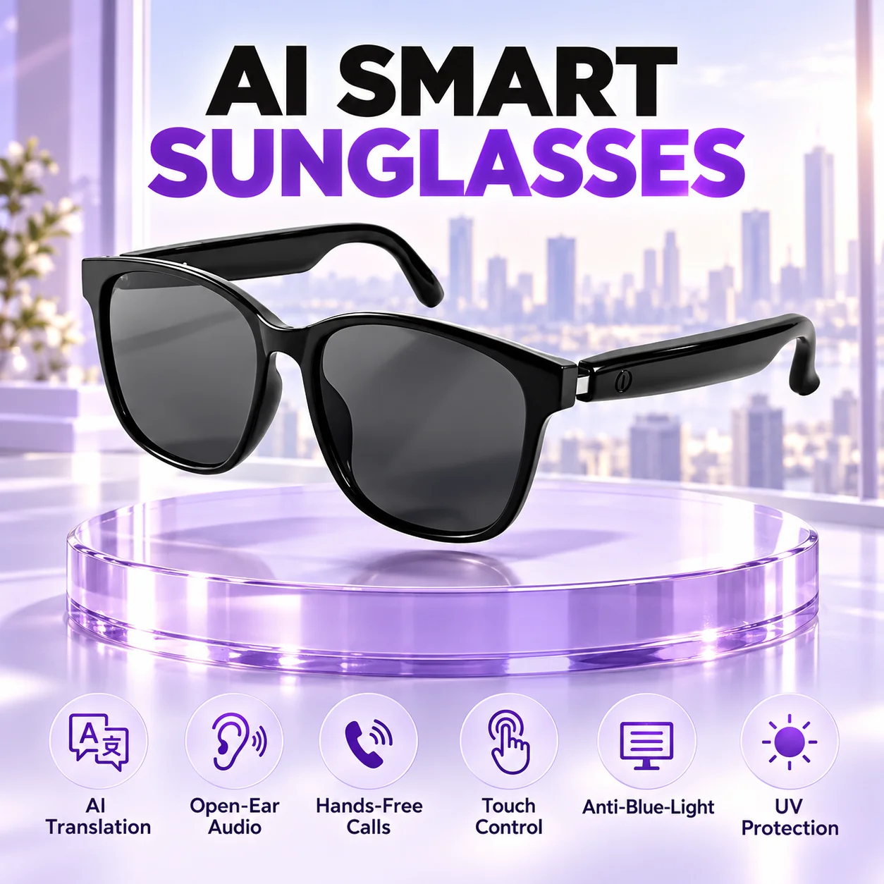 Smart glasses featuring music playback, wireless calling, and magnetic charging; suitable for hiking, office work, and leisure