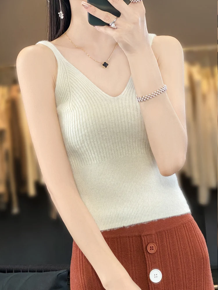 Sexy Vest Halter Tops Women's Sweater Camisole 100% Merino Wool Waistcoat Strappy Sleeveless Sweater Autumn Winter Vest Pullover