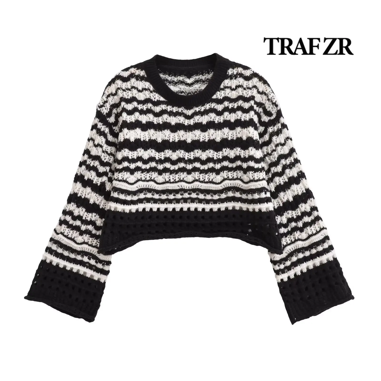 TRAF ZR Women's Winter O-neck Pullovers Y2k Stripe Fashion Sweaters 2023 Knit Knitwears Vintage Ladies Jumper Long Sleeve Top