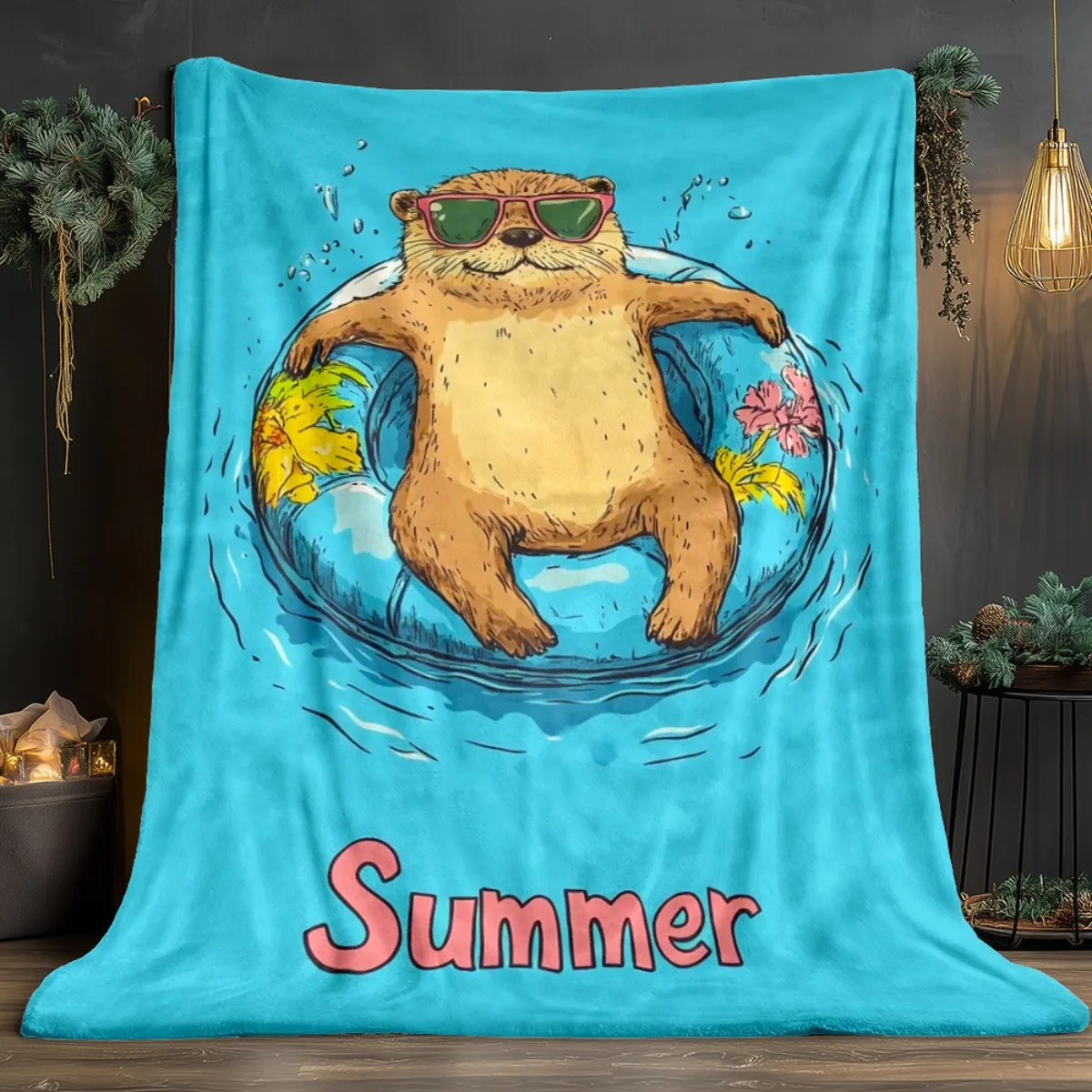 Summer Otter Floating In Pool Fleece Blanket Cute Animal Design Soft Flannel Throw Beach Picnic Gift for Kids Adults