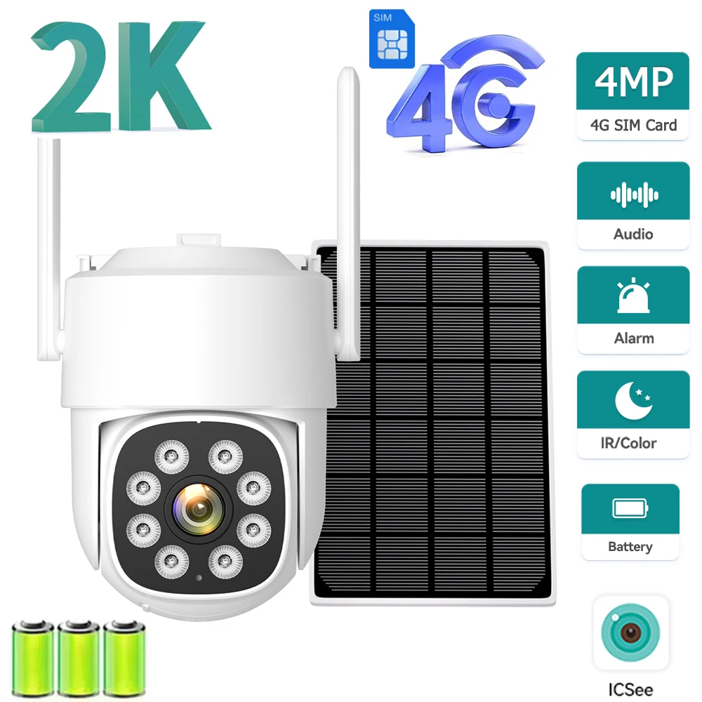 

2K 4MP камера видеонаблюдения с поддержкой 4G, солнечной батареей, круглосуточной записью видео, встроенным аккумулятором, цветным ночным видением, для улицы, с приложением iCSee.