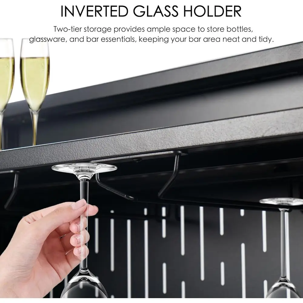 خزانة بار منزلية سوداء مدمجة مع أرفف - تخزين وتنظيم لوحدة تحكم أثاث المطبخ والبار