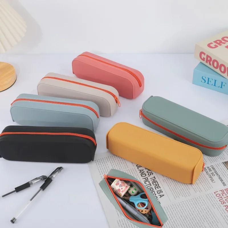 1 Portable Rectangular Silicone Pencil Case, Zipper Pencil Case, Soft Waterproof Stationery Bag, Student School Office Supplies