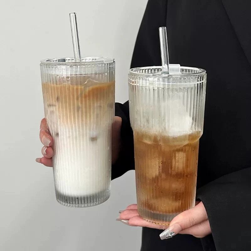 Large capacity straw cup with lid vertical stripe coffee cup beverage juice cup high value women's household milk tea glass