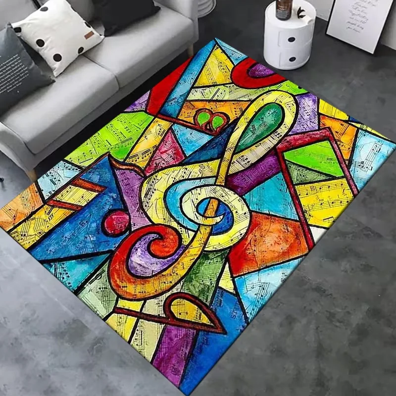 Vibrant Retro Music Themed Anti Slip Carpet with Colorful Geometric and Musical Design Living Room Bedroom and Garden Decoration