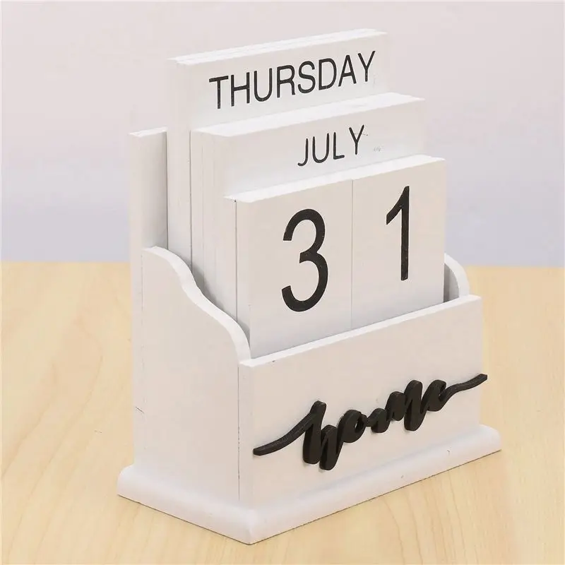 Ingenious-2X Wooden Clamshell Desk Block Calendar Permanent Wooden Desk Calendar Week Month Date Display Home Office Decoration 5