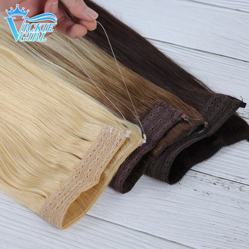 Fish Line Human Hair Extension Wire Natural Hair OnePiece Invisible Wire Hair Weft with 4 Clips Machine Made Natural Hair