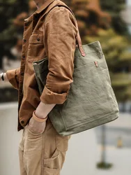 Mannen Retro Tote 16Oz Canvas Schoudertas Met Top Laag Echt Leer