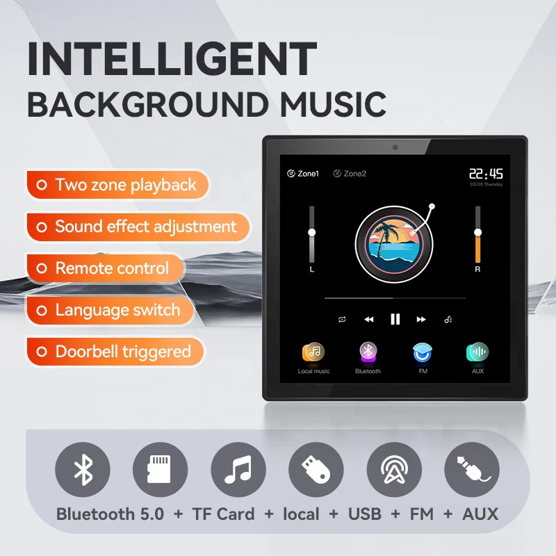 4 Inch Touch Screen 2 Zone Audio Wall Amplifier Home Theater Systems Buletooths Background Music Player Fm Radio Aux Controller