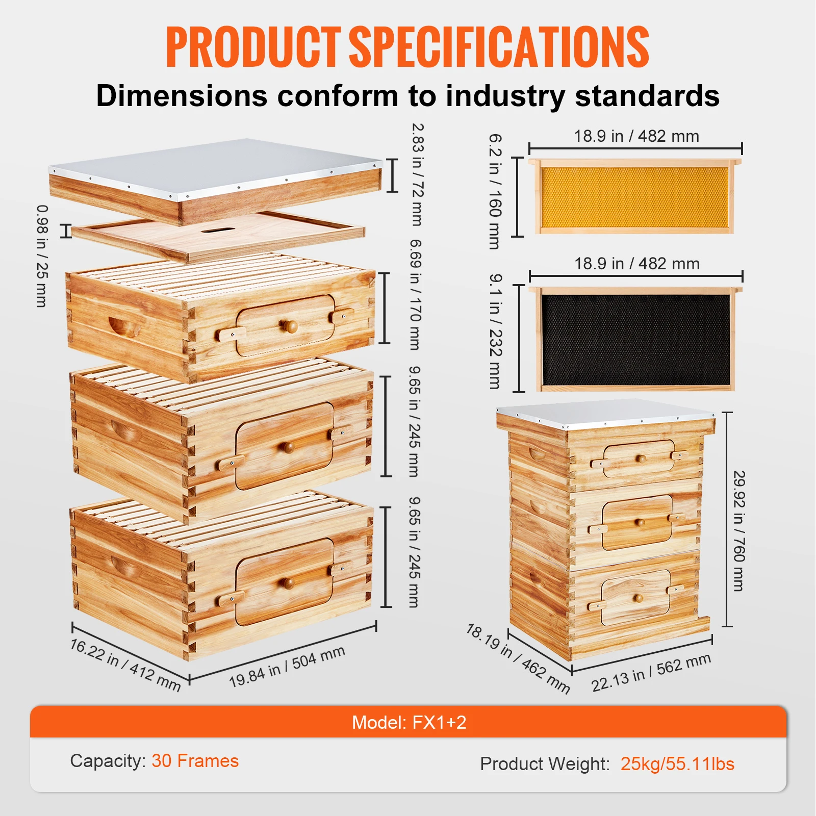 SucceBuy Bijenkorf Diepe Box Starter Kit 100% Bijenwas Gecoat Natuurlijk Cederhout Langstroth Bijenkorf Kit Transparant Acryl