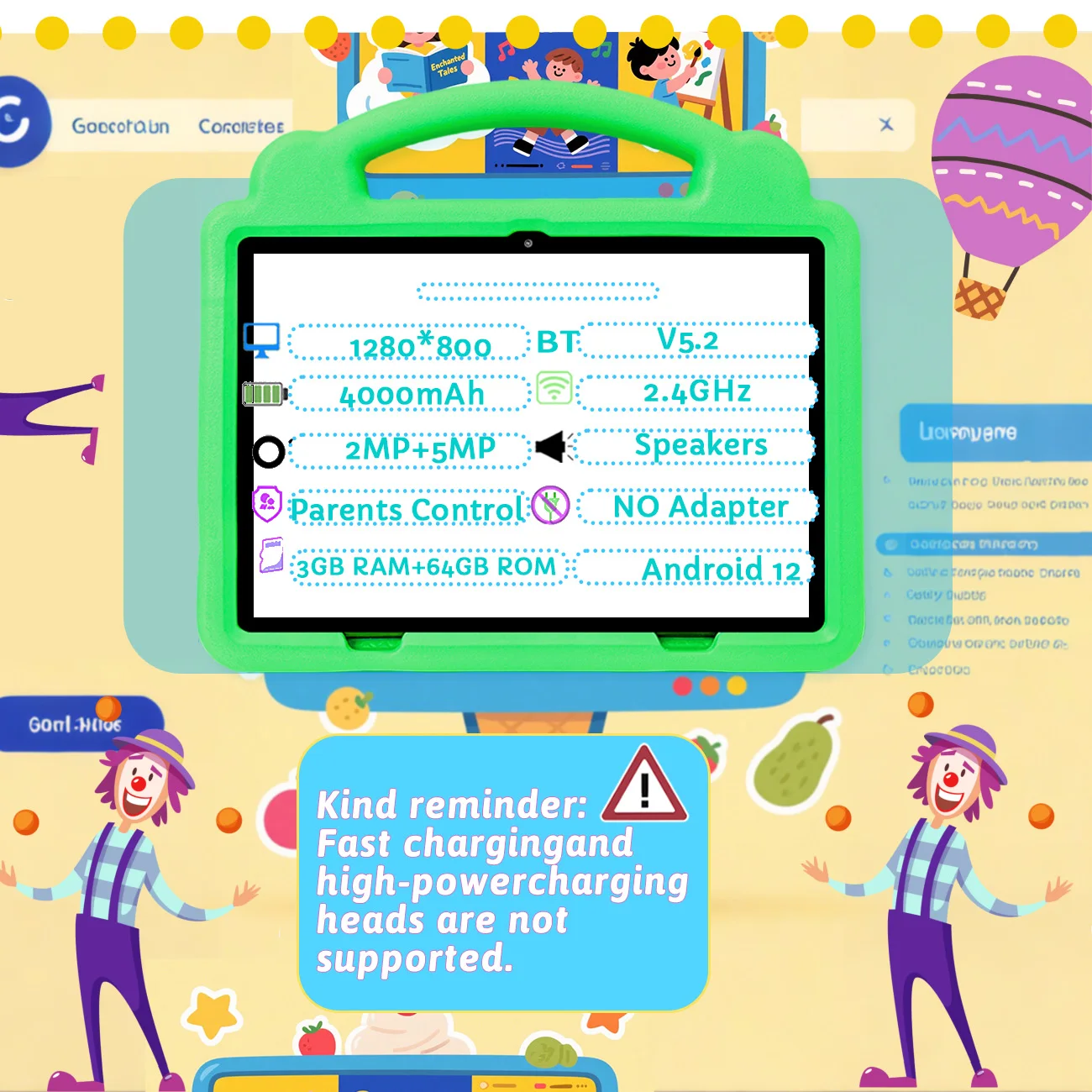 New Cartoon Pattern Kids Tablet 10.1 Inch Android Learning Education Games Tablets with Parent Control ，Children's Gifts