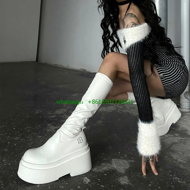 

White Round-Toed Thick-Soled Slip-On Knee-High Knight Boots Women's 2023 New Platform Heightened High Solid Color Boots