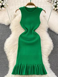 2024 New Solid Ribbed Mermaid Ruffle Hem Dress Elegant Sleeveless Crew Neck Slim Dress Women's Clothing mini dress