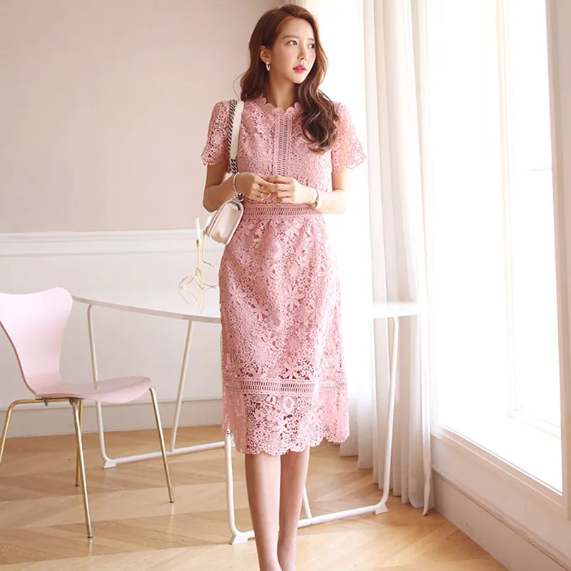 

Lace O-neck Pink Dress Hook Flower Hollow Short Sleeve Long Dress Cinch in the Waist A-line Summer Dresses for Women 2023