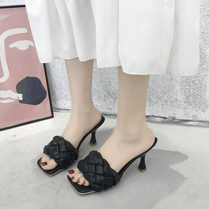 Sandalias Tejidas con Punta Cuadrada para Mujer, Moda de Verano, Sandalias de Diseñador de Marca de Lujo, Tacones Altos Cómodos para Oficina y Uso Casual