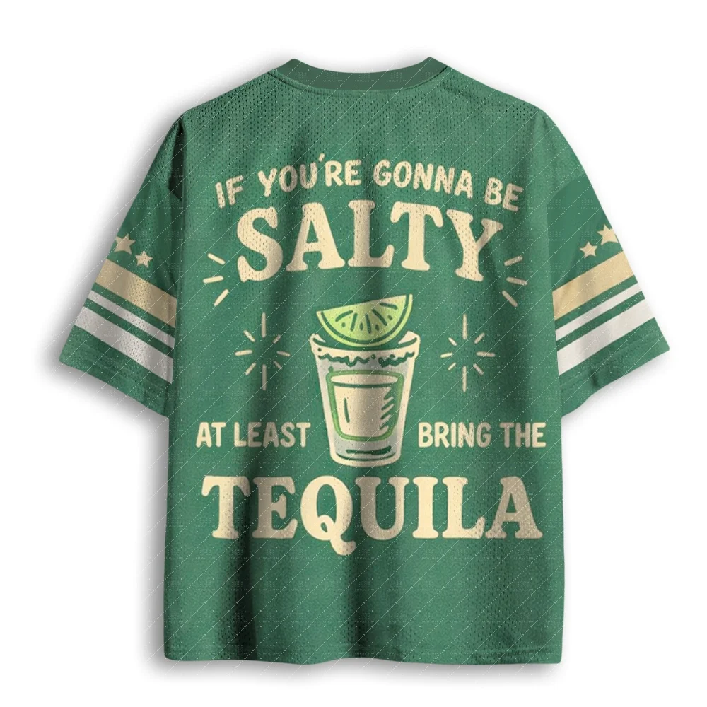 V Neck Mesh Football Jersey Funny Tequila Lime Shot Glass Slogan Print Green Beige White Striped Sleeve Loose Sport Tee