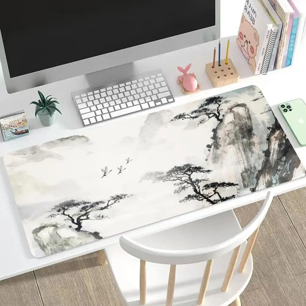 

Large Chinese landscape ink painting mouse pad XXL rubber base gaming office expansion table cushion black and white design DIY