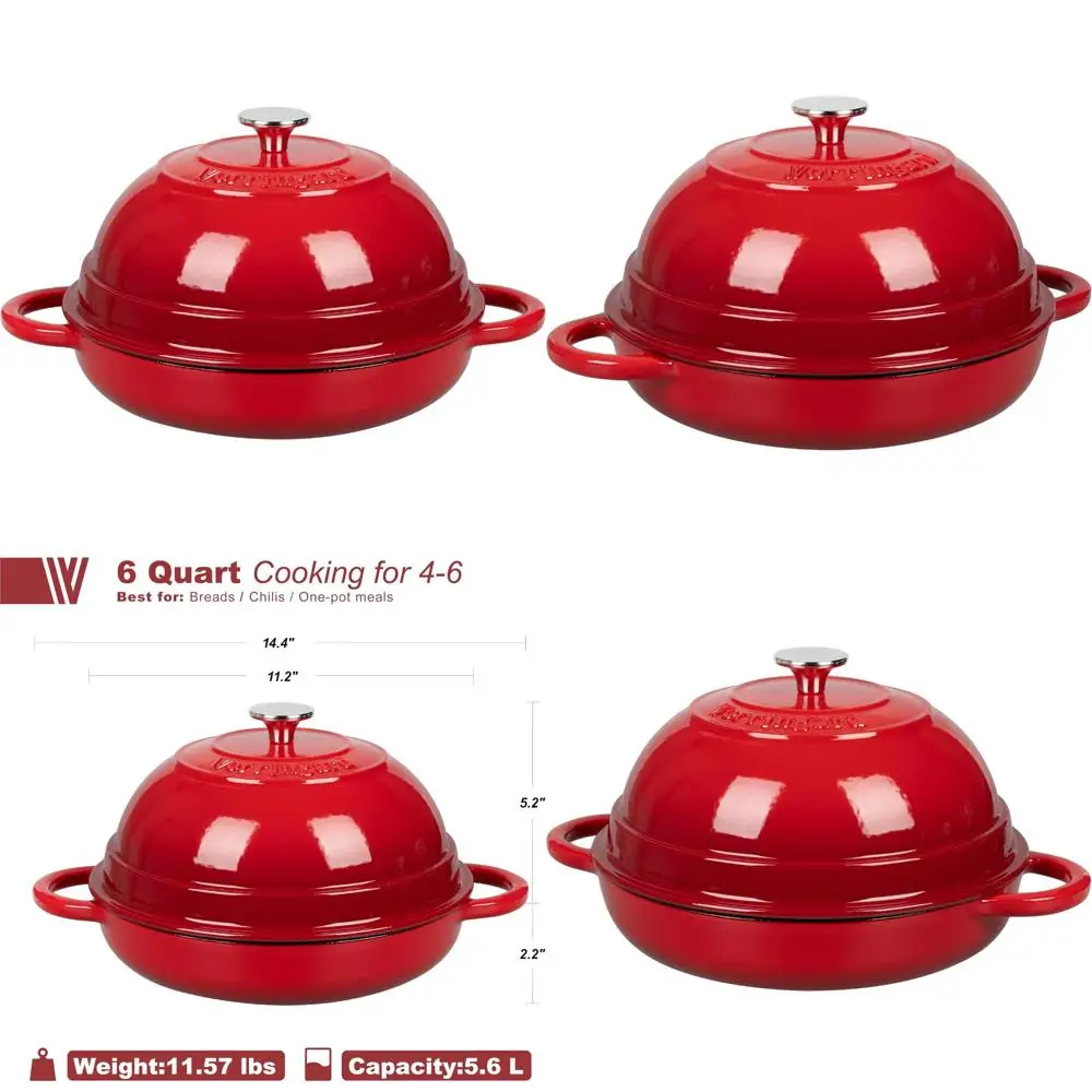 

Enameled Cast Iron Dutch Oven, 6 Quart, Red, Perfect for Bread Baking and Oven Use, Large Capacity Baking Pot