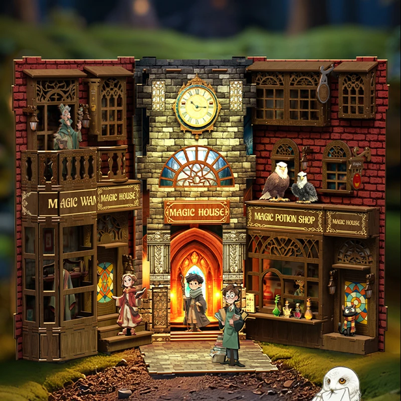 

DIY Wooden Book Nook Figurines Miniatures Magic Town Bookend with Light Bookshelf for Friends Birthday Gifts Home Decor Crafts