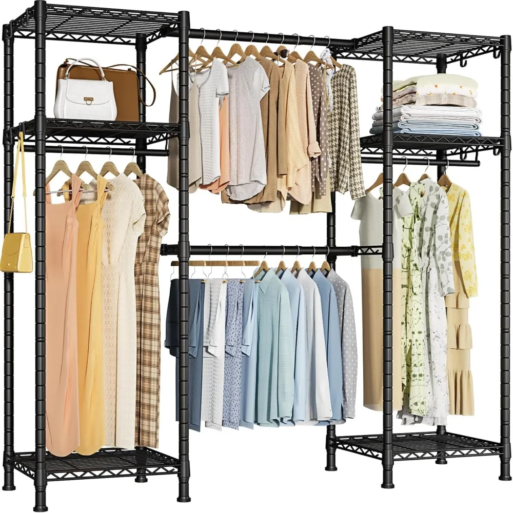 

E7 Garment Rack, Heavy Duty Clothes Storage System with Extendable Hangers Rods, Metal Clothe Rack with 6 Wire Shelves, (52.3"-