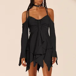 Irregular V-neck Women Slim Suspender One-piece 2024 Spring Autumn A-line Tie Up Gothic Y2K Pleated Female Dress Bandage Design