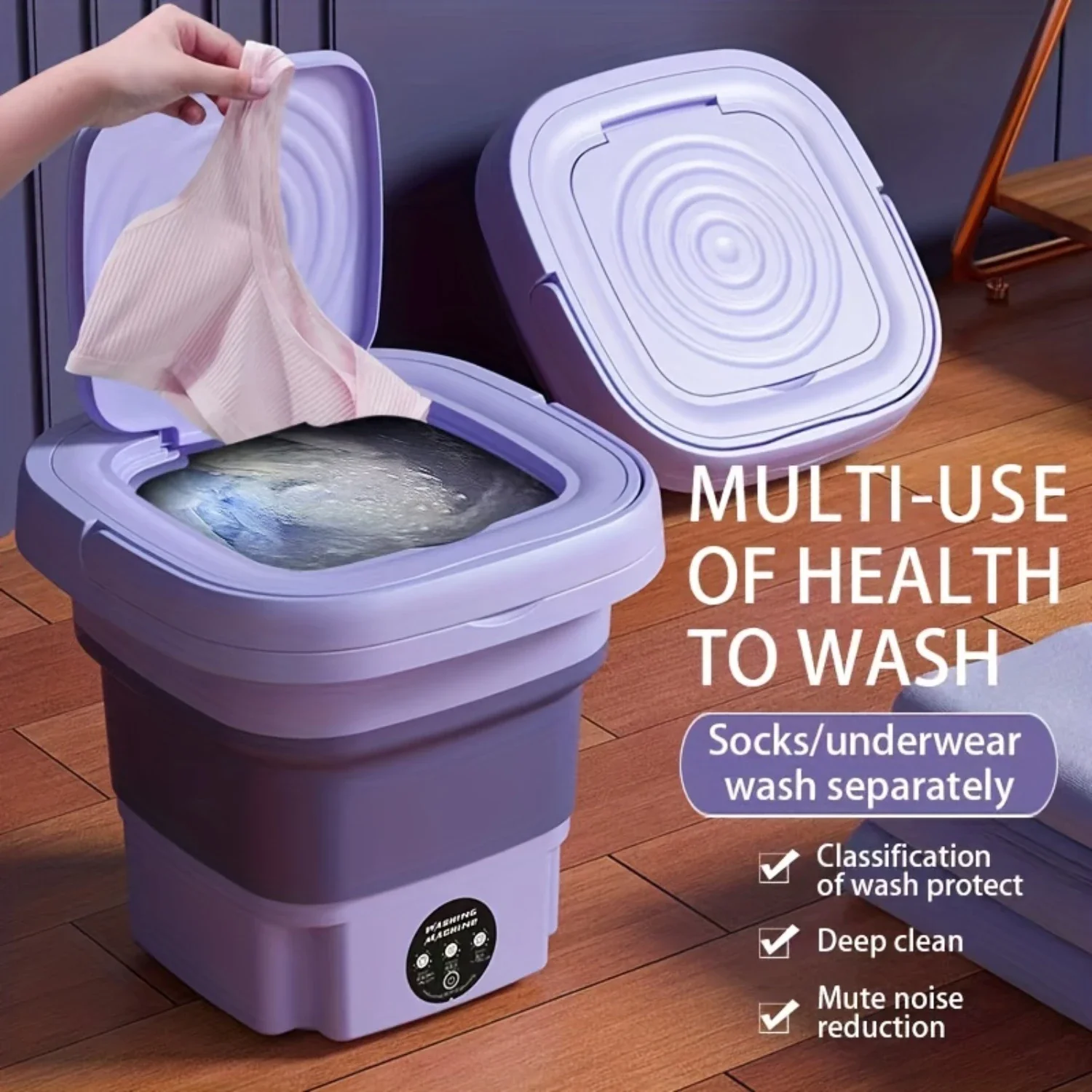 Portable Foldable Washing Machine - Ideal For Travel,  Use - 2.11gal Capacity Washer Machine For Underwear, Bras, Socks - Easy T