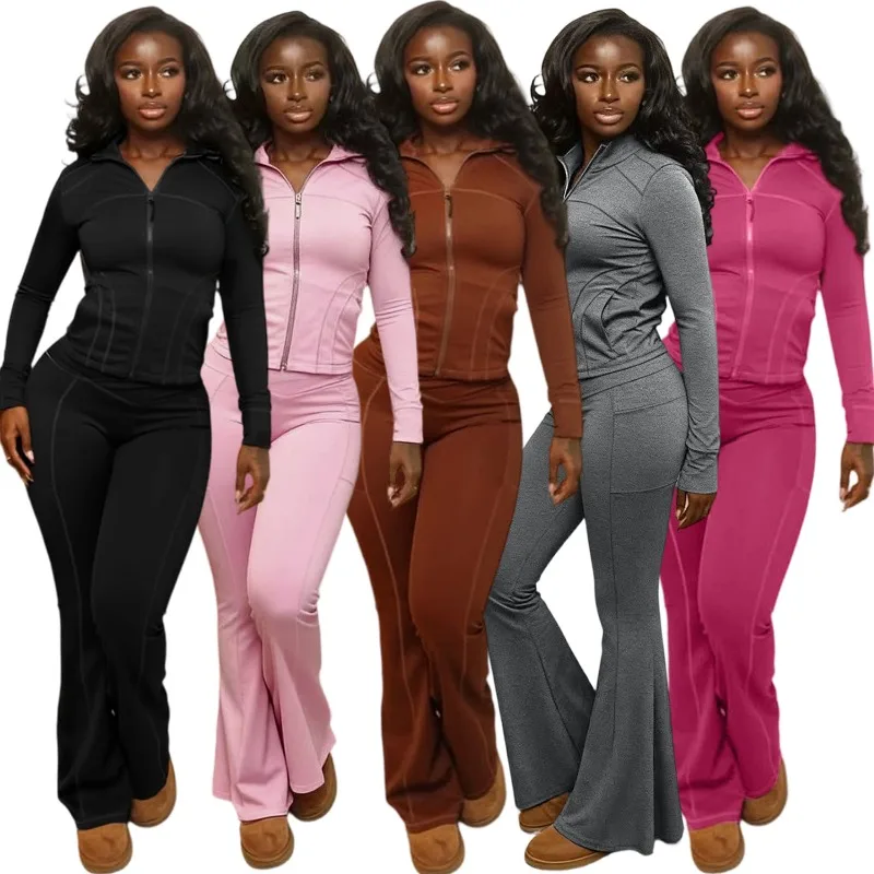 

Women Solid Slim 2 Piece Set Tracksuits Stand Collar Long Sleeve Zip-up Jackets Top + High Waist Flare Pants Casual Jogging Suit