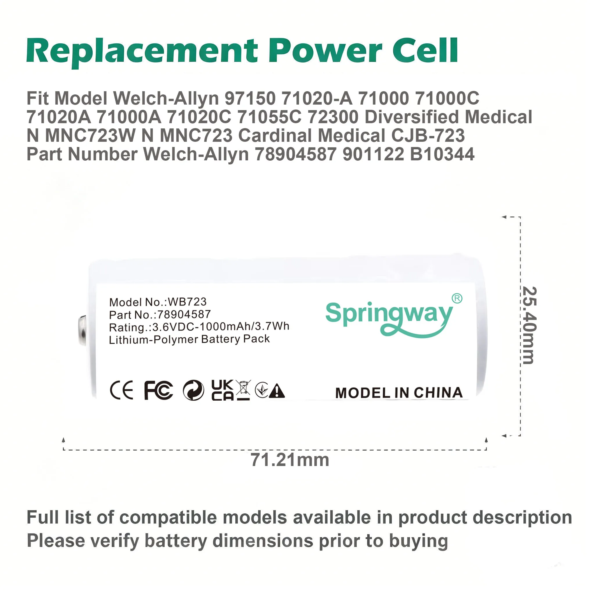 Replacement Battery for Welch-Allyn 71000C 71020A 71000A 71020C 71055C 72300 78904587 CJB-723 N MNC723W Medicalr 1000mAh