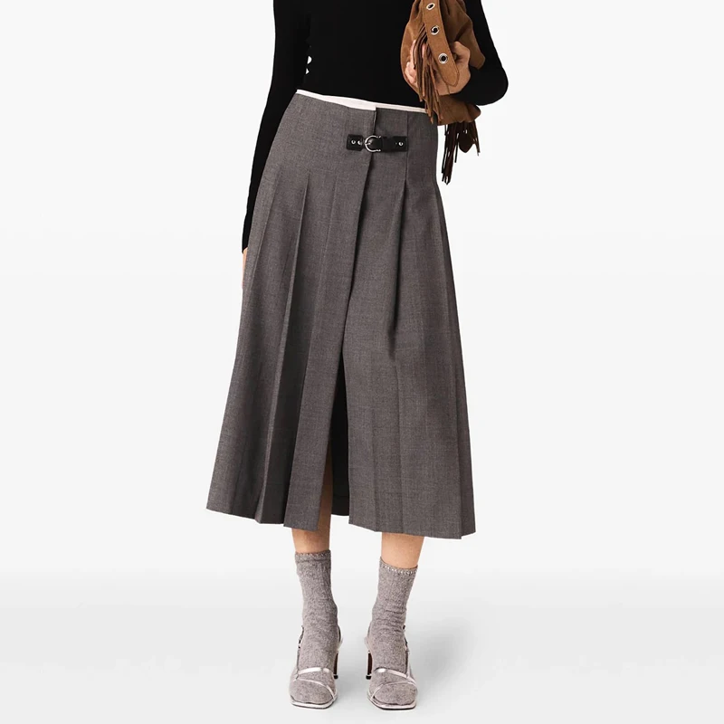

High Waist A-Line Midi Skirt Side Button Leather Detailing Mj Sle Autumn Winter ey Series Slimming Commute Friendly Skirt