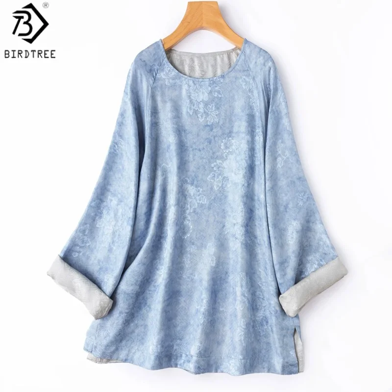 

Birdtree, 100% Silk Reversible Blouse, O-neck Full Sleeve Tops, Women Floral Luo Jacquard Satin Loose Shirt, 2026 New T67315JF