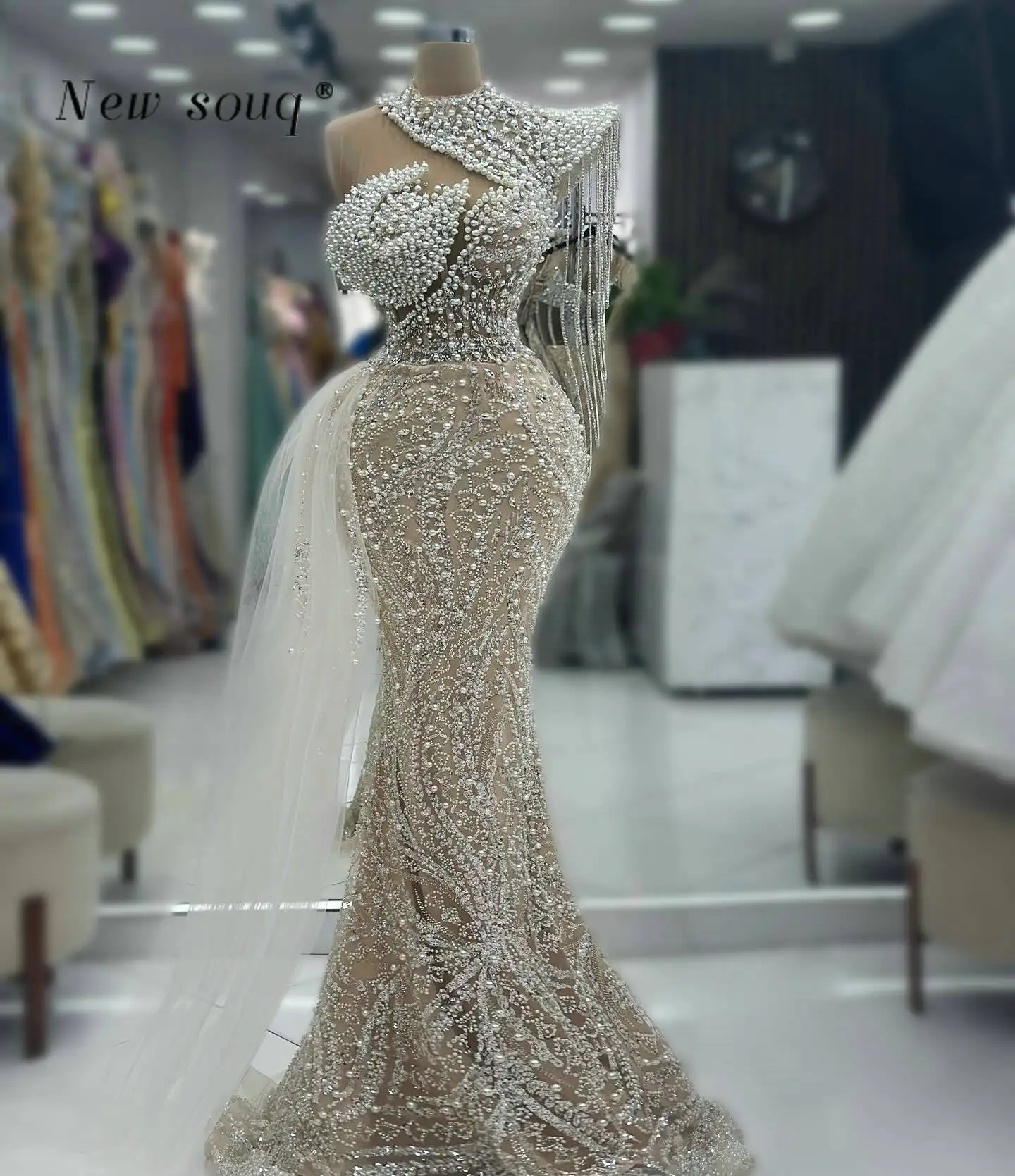 Arabic Nude Champagne Pearls Beaded Mermaid Evening Dresses with Side Tail Customized Formal Women Wedding Dinner Party Gowns