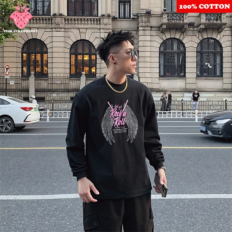

American Street Black T-shirt Men Autumn 2025 New 100% Cotton Wing Print Long sleeves Casual T-shirt Y2k Tops Youth Men clothing