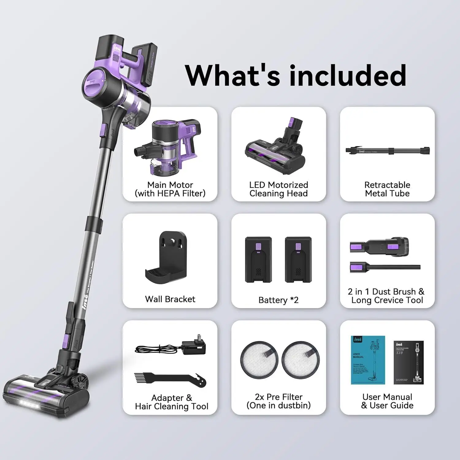 INSE S10P 26Kpa 350W Stick Cordless Vacuum Cleaner,3-Speed Power Model for Hardwood Floor,2 Batteries Up to 100 Min,for Pet Hair