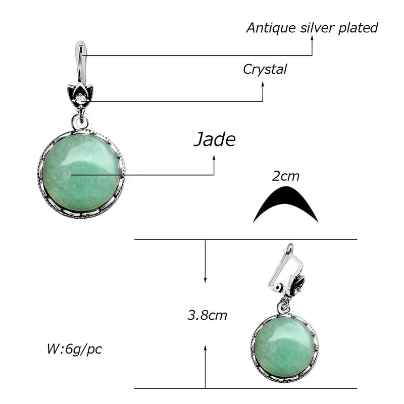 Round Natural Jades Earrings For Women Vintage Antique Silver Plated Party Hollow Flower Pendant Fashion Jewelry TE263