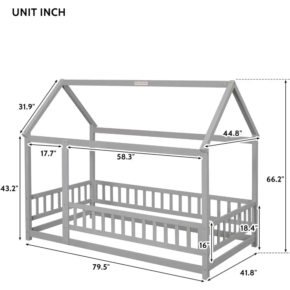 Twin Room Floor Bed, Wooden Montessori Bed, Kids with Fence and Roof, Girls, Boys (Twin, Gray)