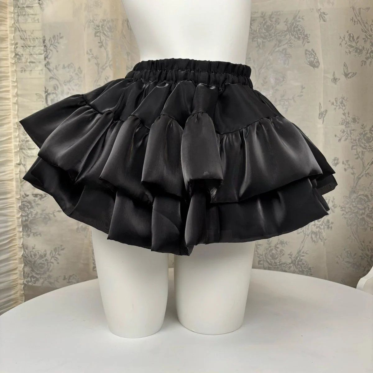 Double Layer Satin Ruffled Tutu Skirt High Waist Elastic Waistband Mini Pettiskirt for Lolita and Cosplay