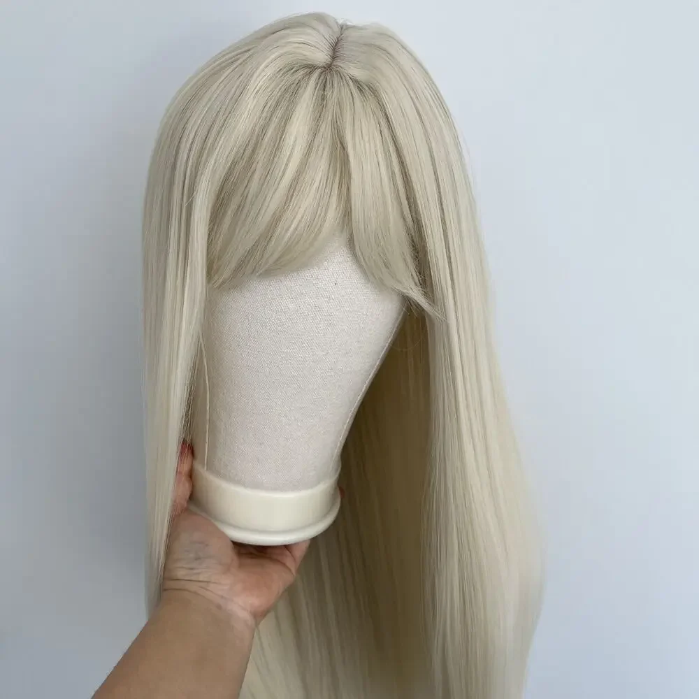 Wig lurus panjang pirang Platinum tahan panas sintetis dengan poni