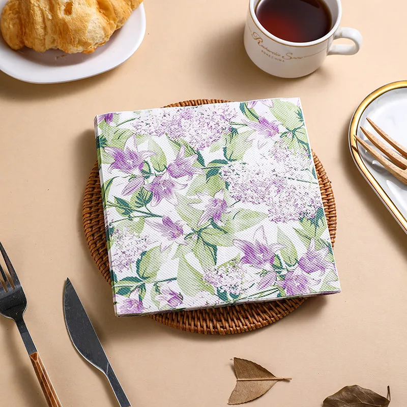 20Pcs Purple Flower Printed Paper Napkins, 2-Ply Disposable Napkins for Baby Shower Birthday Party - Table Decor Tissue Supplies