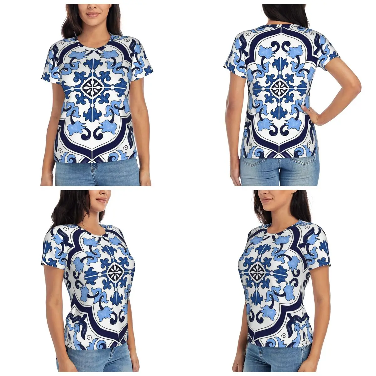 Blue Ornate Floral Mediterranean Sicilian Tile T-Shirt Women Short Sleeve T Shirts O-Neck Clothes Cotton Summer Tees Streetwear
