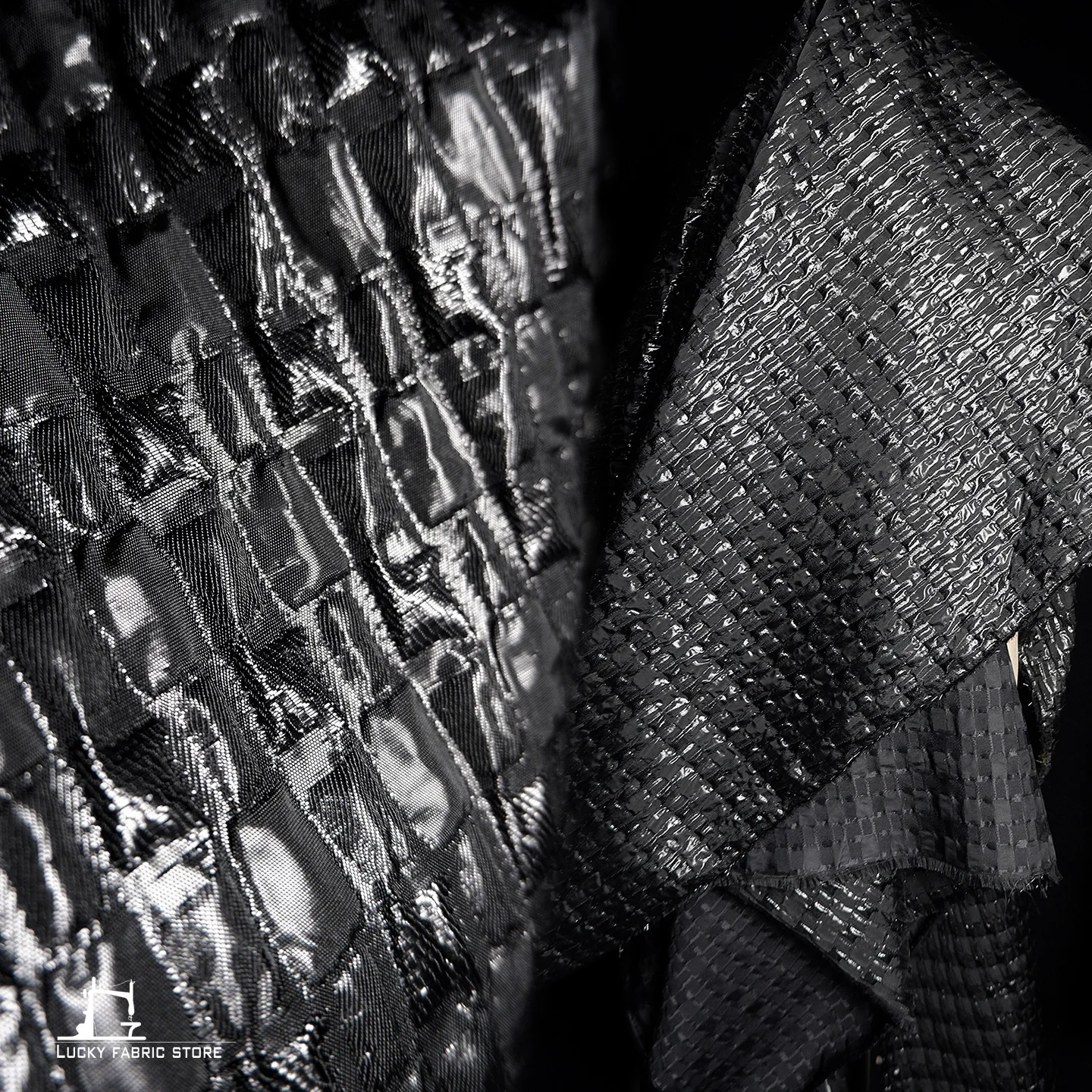 

Black metallic plaid voluminous textured jacquard fabric coat, creative fashion designer fabric