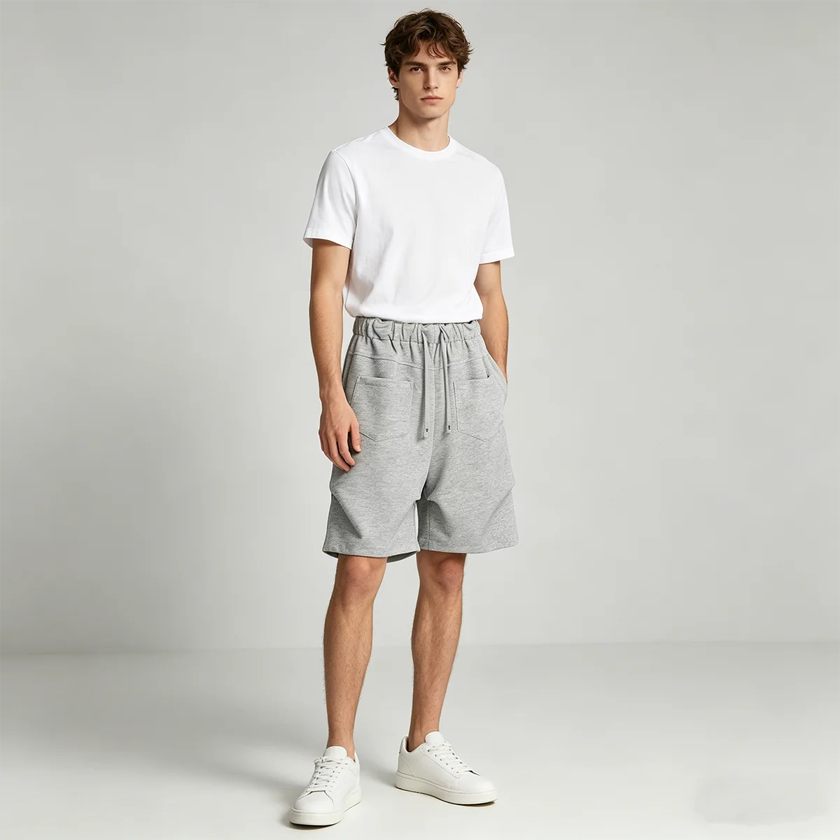 

Oversized Men's Gym Shorts Elastic Waist Drawstring Baggy Sweat Shorts Wide Leg Knee Length Joggers Shorts Cotton with Pockets