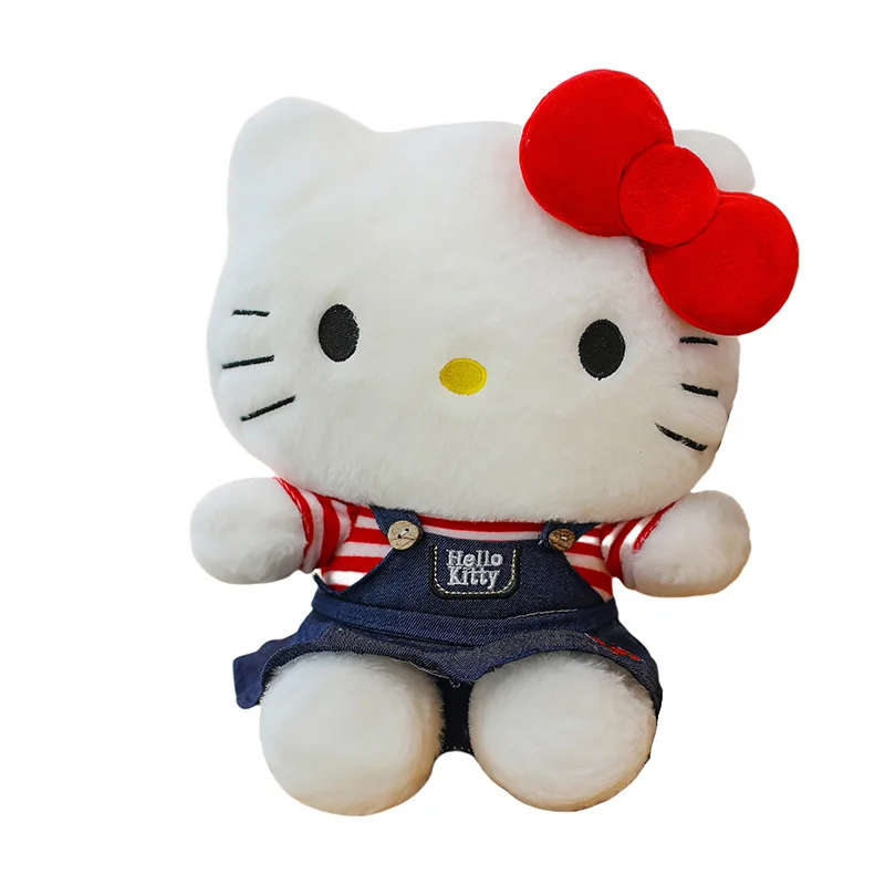 Kawaii Hello Kitty poupées en peluche dessin animé Cowboy jupe Sanrio peluche arc Kitty Animal sommeil oreiller cadeau pour enfants anniversaire noël