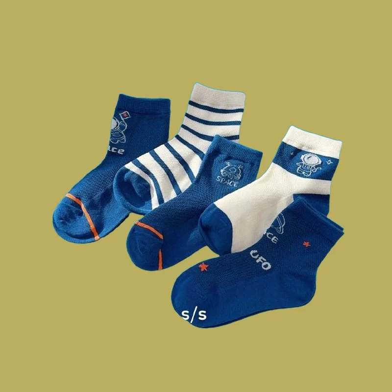 

5/10 Pairs 2024 New Spring And Summer Thin Mesh Universe Boys Combed Cotton Blue Trendy Children's Socks Children's Socks