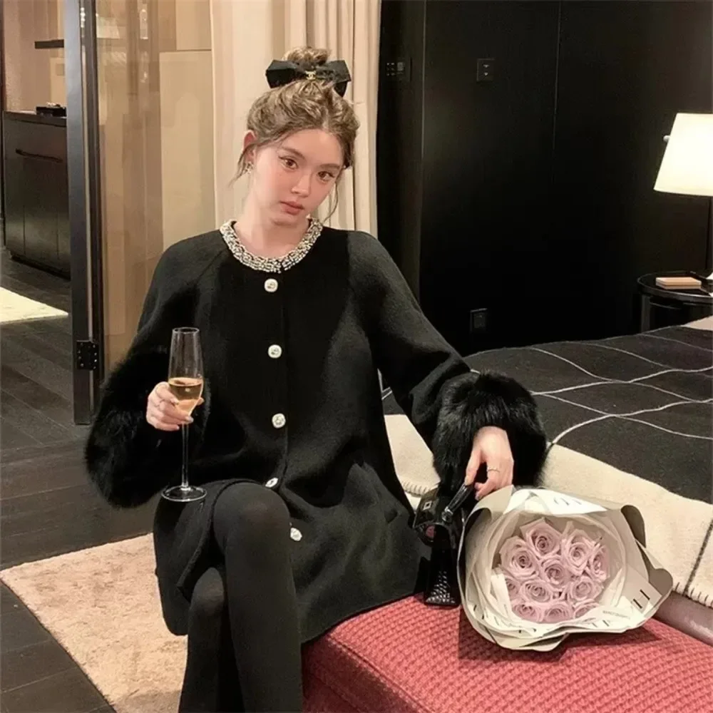 Femmes manteau en laine perlée fourrure de renard Double face manteau en cachemire véritable fourrure de renard veste femme 2025 nouveau automne hiver Style coréen