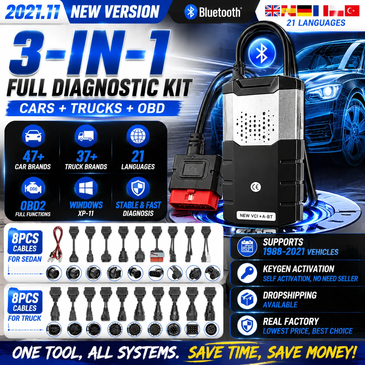 DS150e Pro V3 NEC VCI Bluetooth OBD2 EOBD Full System Scanner 2024 KEYGEN DPF Regen ECU Coding 12V 24V Car Truck Diagnostic Tool