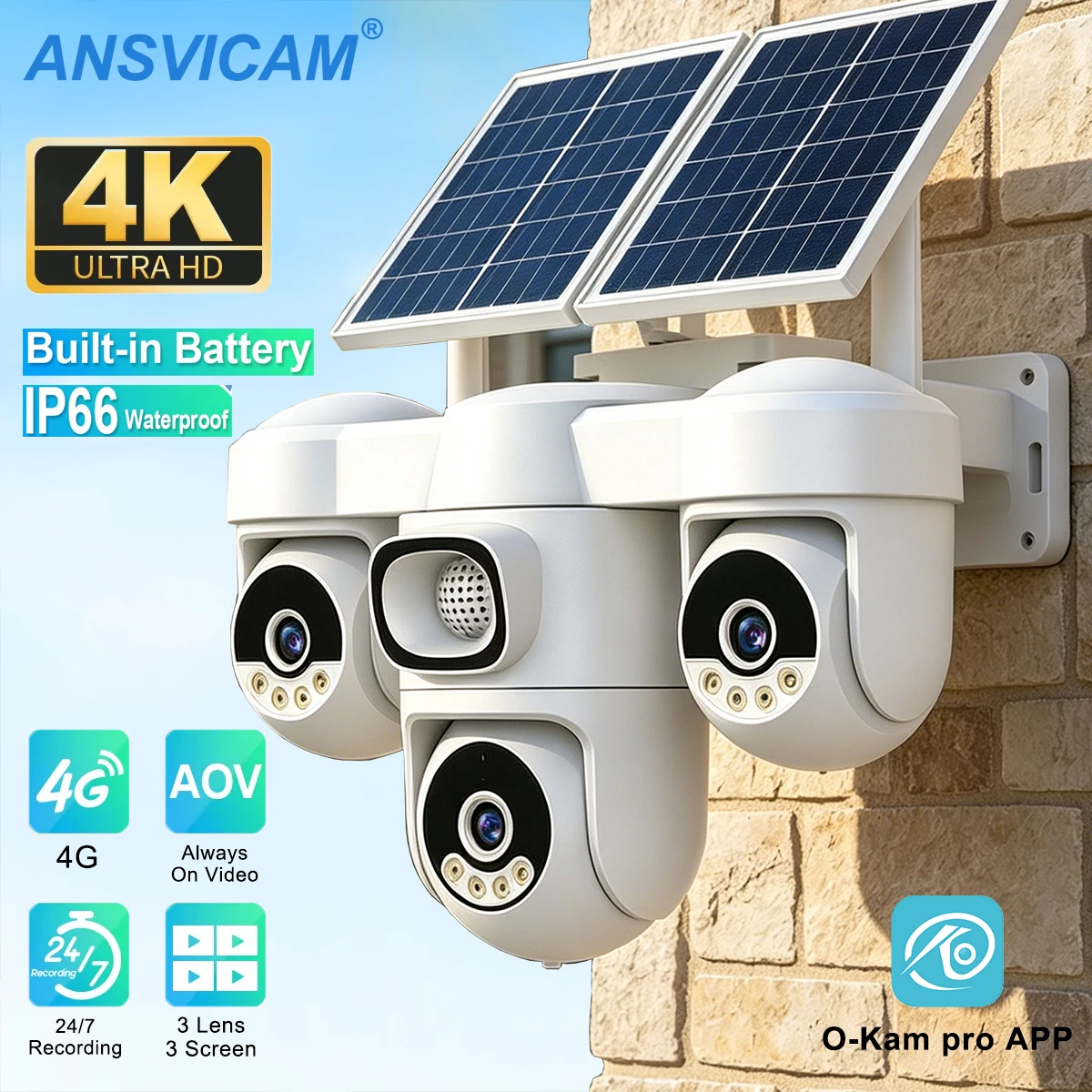 

4G Solar Security Camera 20MP 3-Screen PTZ Outdoor Cam with 12X Optical Zoom 360° Control 14400mAh Battery 16W Solar Panel
