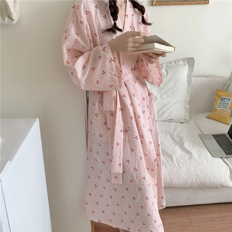 Cherry Plaid Robe Lovely Autumn Cotton Bathrobe Long Kimono Pajamas Nightgown Lace Up V-Neck Long Sleeve Night Dress Sweet