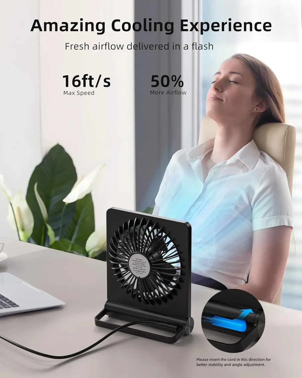 

USB Fan Strong Wind Ultra Quiet Small Desk Fan 220° Tilt Folding 3 Speeds Adjustable USB-C Powered Personal Fan For Home