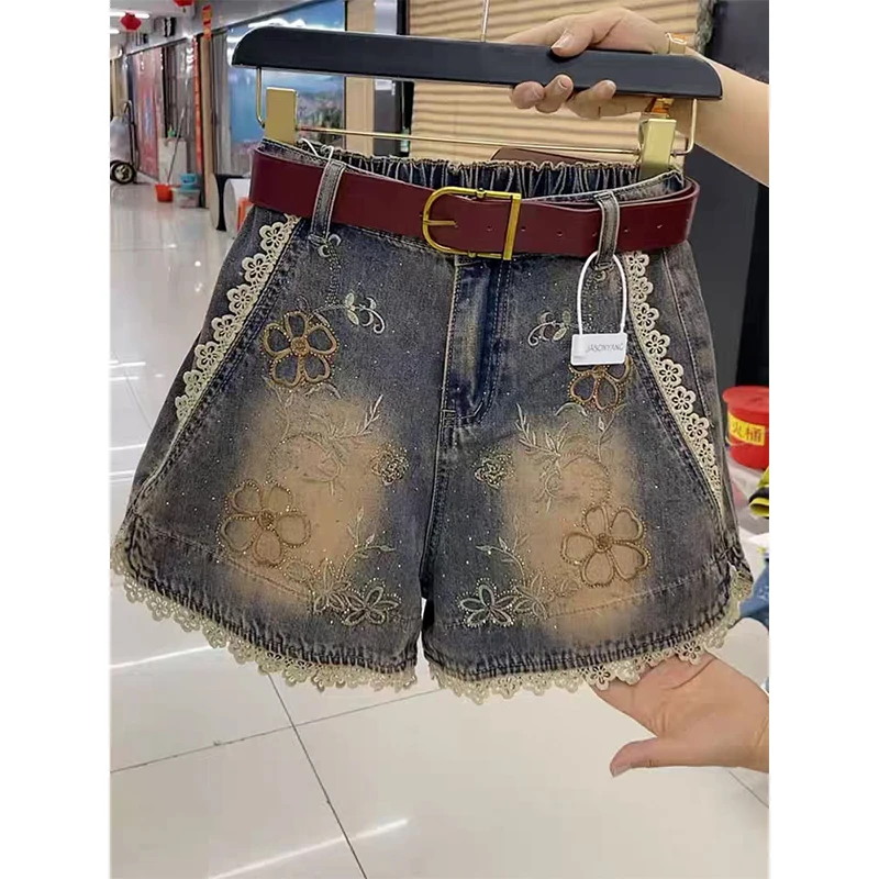 

Lace Flower Embroidered Denim Shorts Women Summer Simplicity Office Lady Wide Leg Fashion High Waist Appear Thin Casual Straight