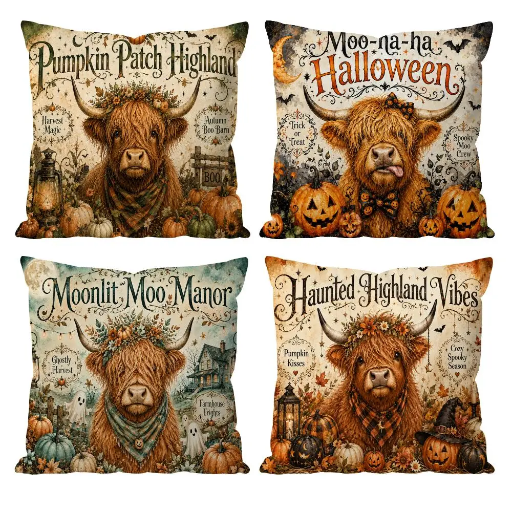 Highland Cow Boo Halloween Cushion Cover Double-Sided Plush Sofa Cushion Covers Organic Breathable Invisible Zipper